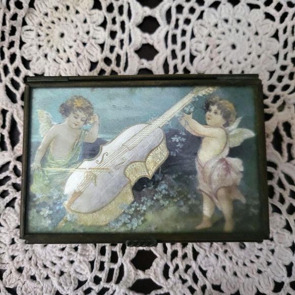 Vtg Via Vermont Cupid Angel Glass Brass Jewelry Trinket Box Mexico - Picture 3 of 7